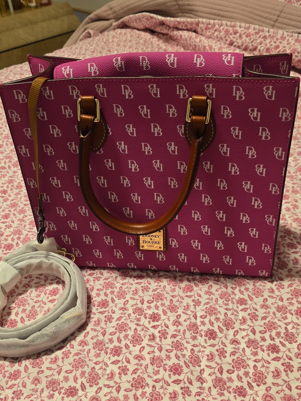 Dooney & Bourke Fuchsia DB Logo Tote with Brown Trim JANINE